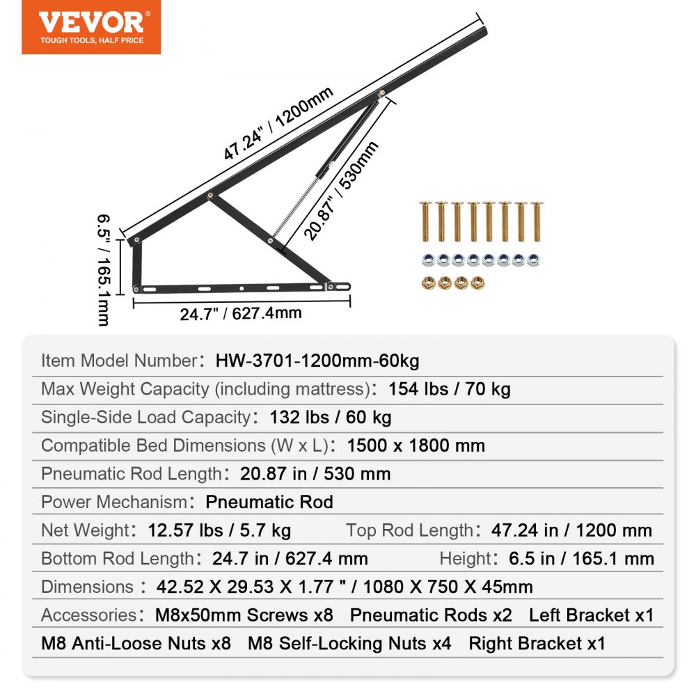 VEVOR Sengheis, 59x71 tommer Kompatibel Sengstørrelse 154 lbs Lastbærende, DIY Veggseng Mekanisk Maskinvaresett Vertikal Deluxe, Pneumatisk Spak Kraftig Sengstøtte, Sammenleggbar Veggseng for Gjesterom