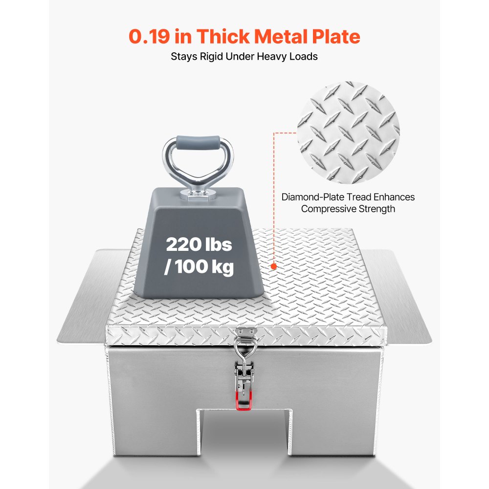 VEVOR Verktøykasse for lasteplan, kraftig verktøykasse i aluminium med diamantplate, verktøykasseorganisator for oppbevaring, støtter opptil 100 kg, ideell for pickup, lasteplan, bobil, tilhenger, 770 x 610 x 310 mm, sølv