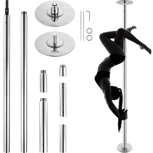 VEVOR Profesjonell Dansestang, Spinnende Statisk Dansestangsett, Bærbar Avtakbar Stang, 45 mm Kraftig Stang i Rustfritt Stål, Høydejusterbar Fitnessstang, For Trening Hjemmeklubb Gym, Sølv