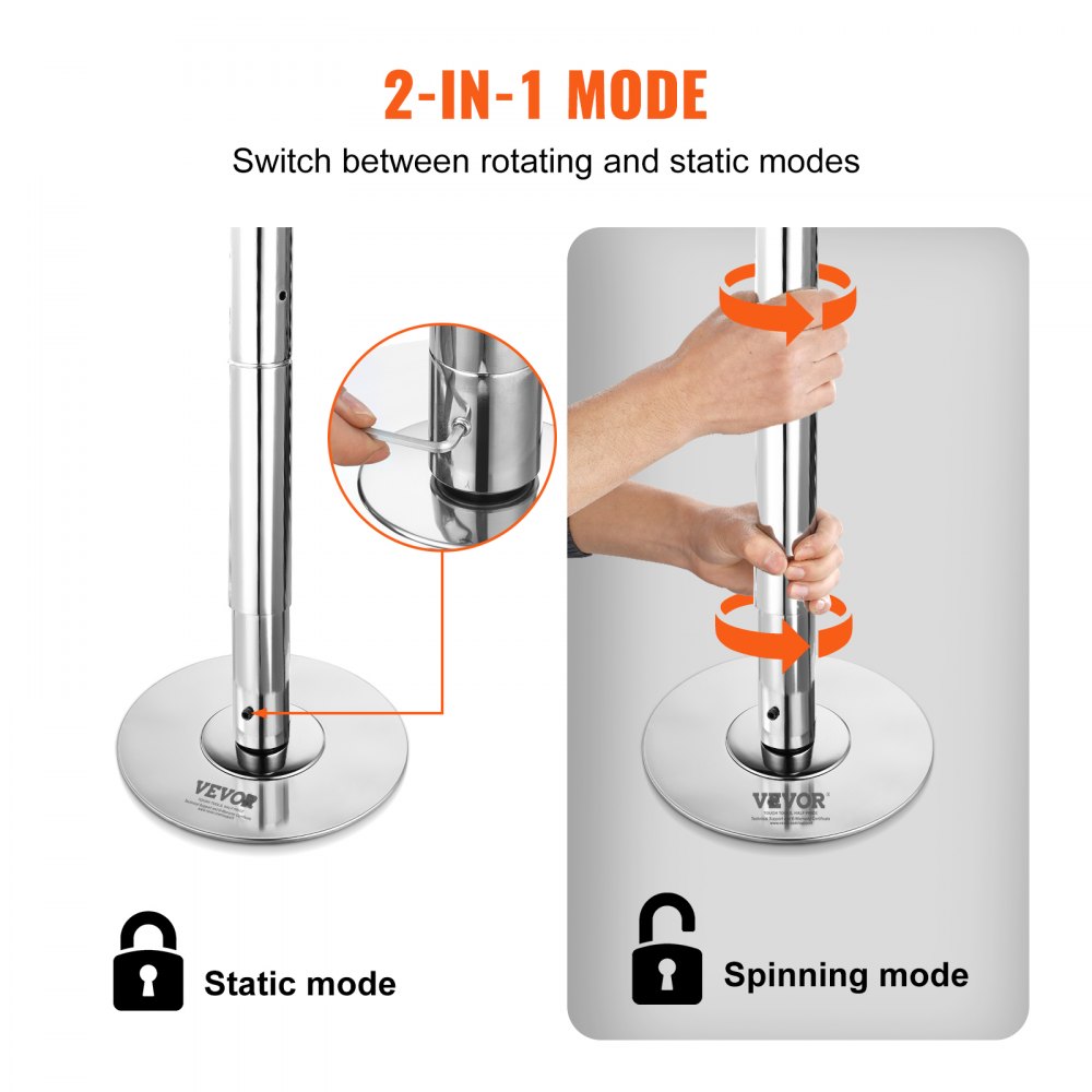 VEVOR Professional Dance Pole, Portable Dancing Poles, 225-280 cm, Silver, Removable Exercise Dancing Poles for Fitness, Adjustable Height, 45 mm Heavy-Duty Steel, Spinning & Static, 200 kg Capacity