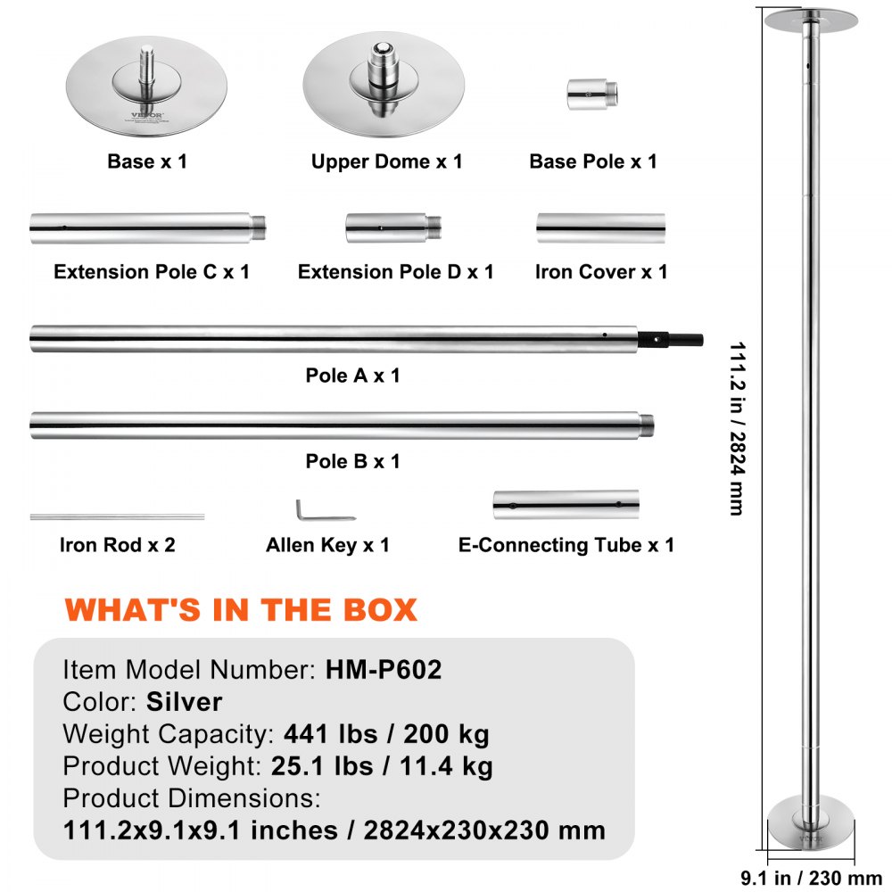 VEVOR Professional Dance Pole, Portable Dancing Poles, 225-280 cm, Silver, Removable Exercise Dancing Poles for Fitness, Adjustable Height, 45 mm Heavy-Duty Steel, Spinning & Static, 200 kg Capacity
