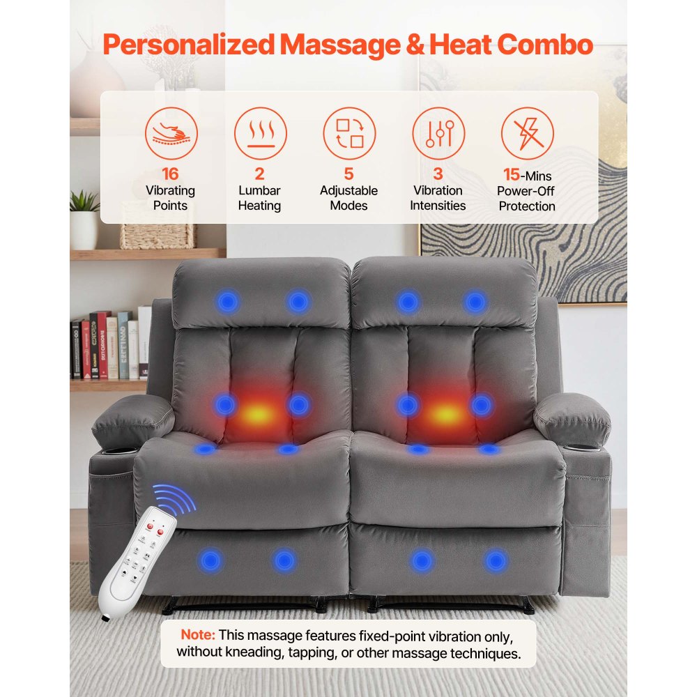 VEVOR Loveseat lenestol, elektrisk lenestol med oppvarming og massasje, myk fløyels elektrisk lenestol med USB-porter, koppholdere og sidevesker, dobbel loveseat-stol til stue, grå