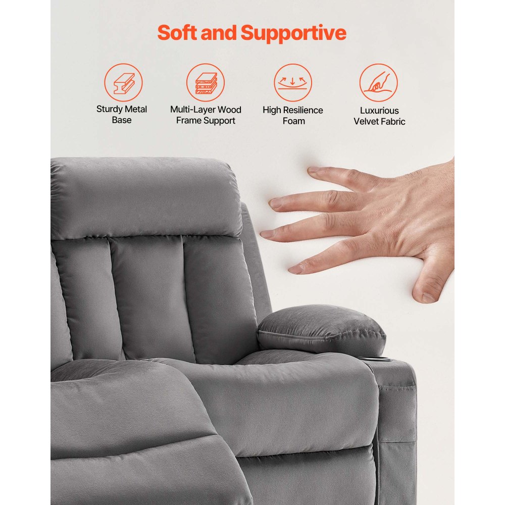 VEVOR Loveseat lenestol, elektrisk lenestol med oppvarming og massasje, myk fløyels elektrisk lenestol med USB-porter, koppholdere og sidevesker, dobbel loveseat-stol til stue, grå