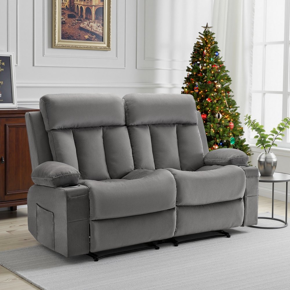 VEVOR Loveseat lenestol, elektrisk lenestol med oppvarming og massasje, myk fløyels elektrisk lenestol med USB-porter, koppholdere og sidevesker, dobbel loveseat-stol til stue, grå