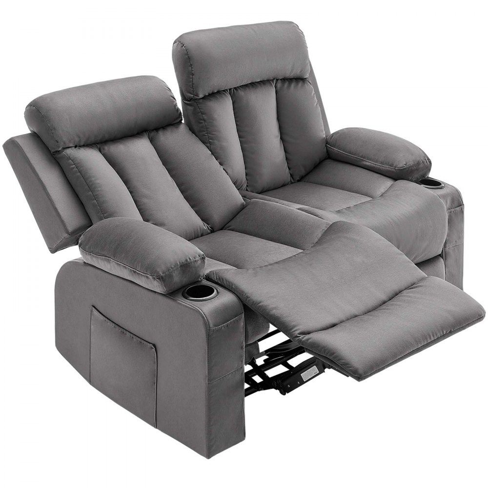 VEVOR Loveseat lenestol, elektrisk lenestol med oppvarming og massasje, myk fløyels elektrisk lenestol med USB-porter, koppholdere og sidevesker, dobbel loveseat-stol til stue, grå