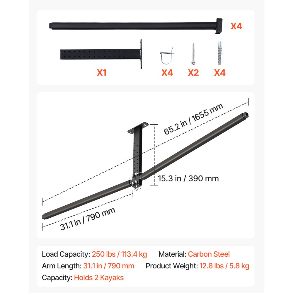 VEVOR Kajakkstativ for 2 kajakker, Tåler opptil 113,4 kg, Robust justerbart takstativ for takmontering i garasje, Oppbevaringshenger over garasjen for kano, stige, SUP, surfebrett og padlebrett