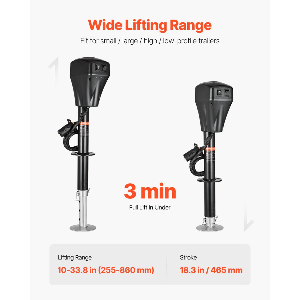VEVOR Electric Trailer Jack, 5000 lbs, Heavy Duty RV Electric Power Tongue Jack with 7-pin Connector, Manual Crank Handle & Weatherproof Jack Cover, 10"-28.3" Lift, for Trailers, Campers & RVs, Black