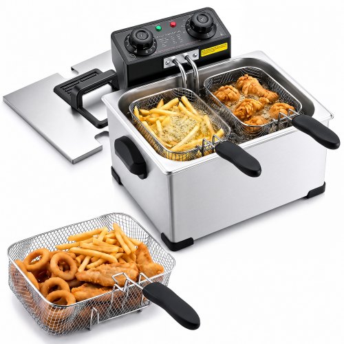 VEVOR kommersiell elektrisk frityrkoker, 5,2 l oljekapasitet, 2500 W benkeplatefrityrkoker i rustfritt stål med store og små kurver, overopphetingsbeskyttelse, temperaturkontroll, timer, for hjemmebruk i restauranter, sølv