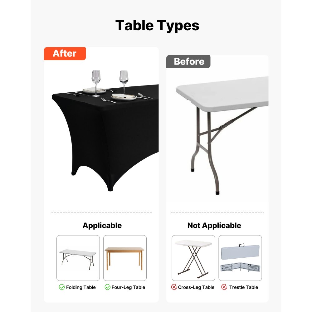 VEVOR 6-pakning duk til 1,8 meter rektangulært, tilpasset arrangementer, rynkebestandig, stretchig, svart bordduk, vaskbar spandex-dukbeskytter, til fest, bryllup, cocktail, bankett, festival