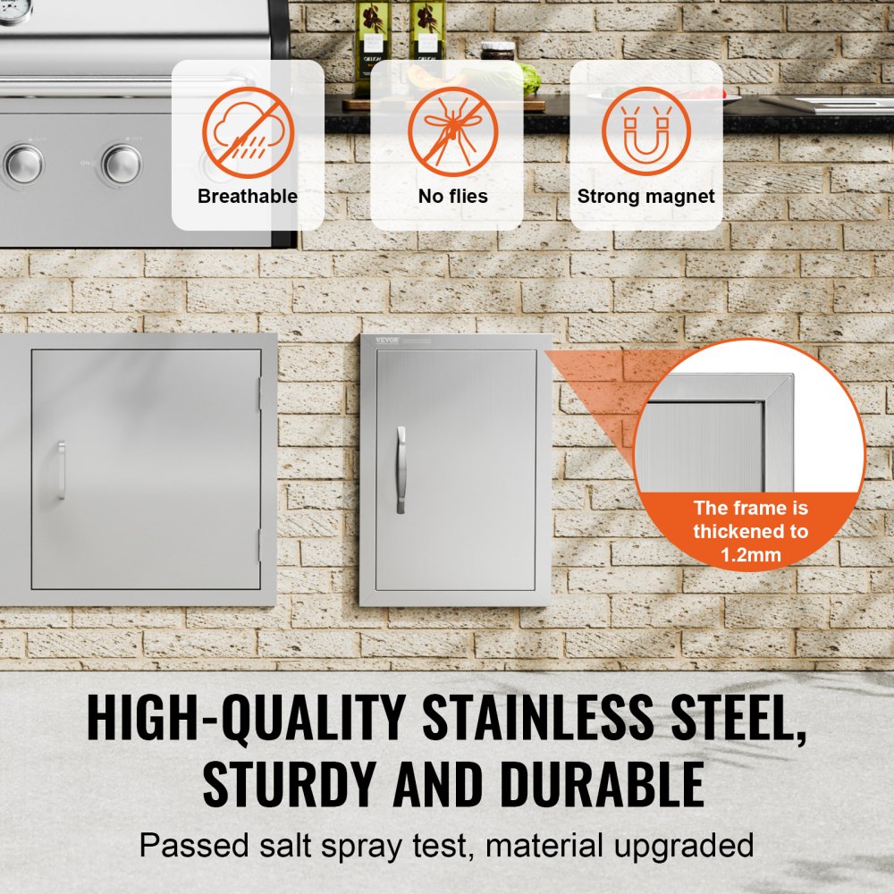 VEVOR BBQ Access Door, 355x508 mm Single Outdoor Kitchen Door, Stainless Steel Flush Mount Door, Wall Vertical Door with Handle, for BBQ Island, Grilling Station, Outside Cabinet