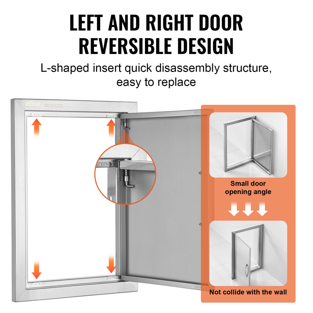VEVOR BBQ Access Door, 355x508 mm Single Outdoor Kitchen Door, Stainless Steel Flush Mount Door, Wall Vertical Door with Handle, for BBQ Island, Grilling Station, Outside Cabinet
