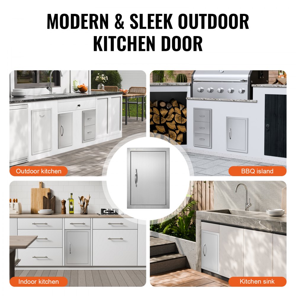 VEVOR BBQ Access Door, 355x508 mm Single Outdoor Kitchen Door, Stainless Steel Flush Mount Door, Wall Vertical Door with Handle, for BBQ Island, Grilling Station, Outside Cabinet