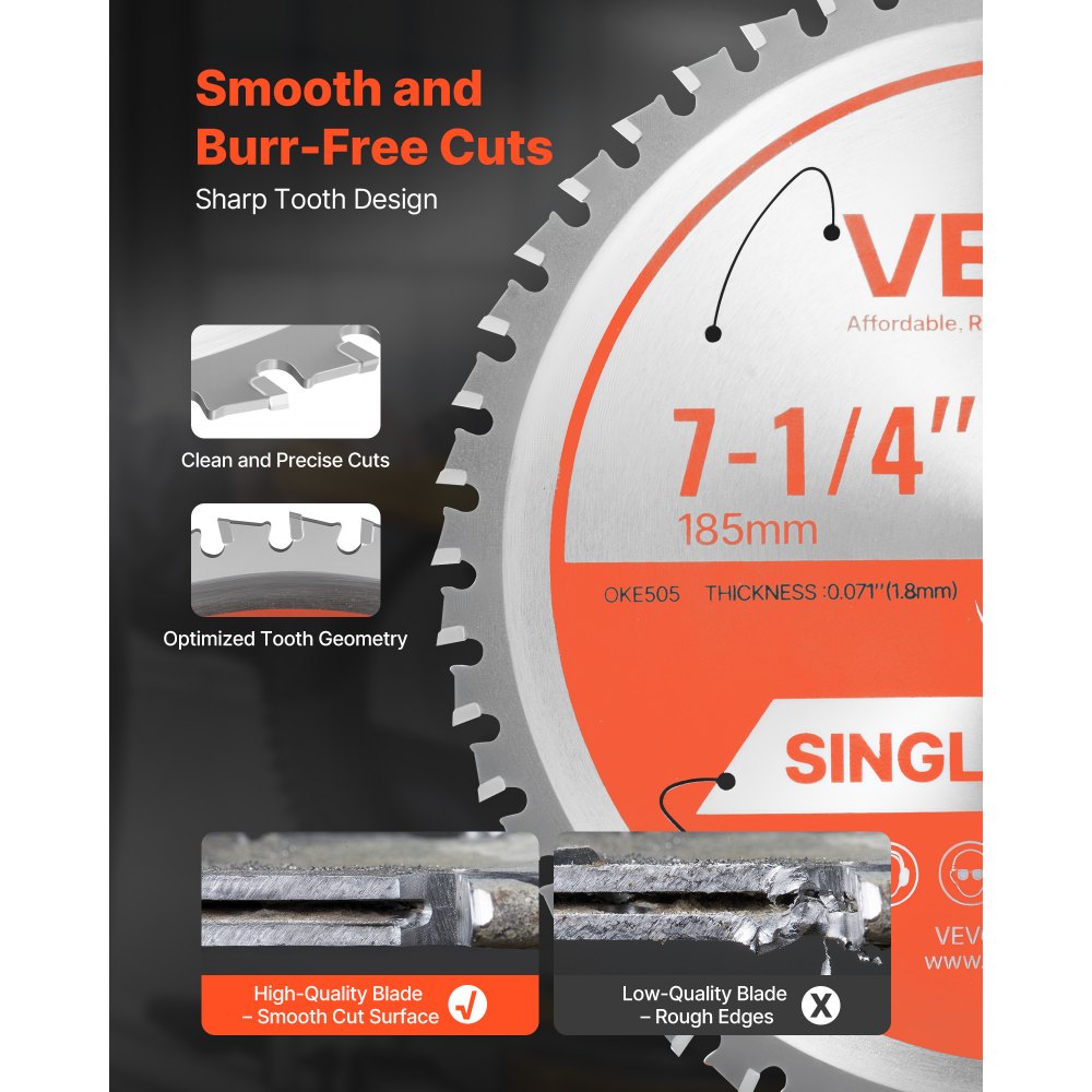 VEVOR Circular Saw Blade, 185 mm Diameter, 48 Sharp Alloy Teeth, 15.875 mm Arbor, Fine Finish, Metal Cutting Blade for Circular Saw, with Noise-Reducing Heat Vents, for Cutting Steel and Aluminum