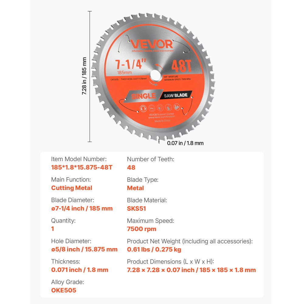 VEVOR Circular Saw Blade, 185 mm Diameter, 48 Sharp Alloy Teeth, 15.875 mm Arbor, Fine Finish, Metal Cutting Blade for Circular Saw, with Noise-Reducing Heat Vents, for Cutting Steel and Aluminum