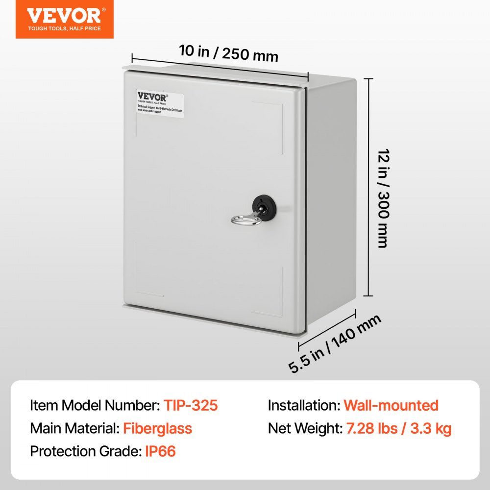 VEVOR NEMA Fiberglass Enclosure, 30x25x14 cm NEMA 4X Fiberglass Electrical Box, IP66 Waterproof & Dustproof, Outdoor/Indoor Electrical Junction Box, with Mounting Plate