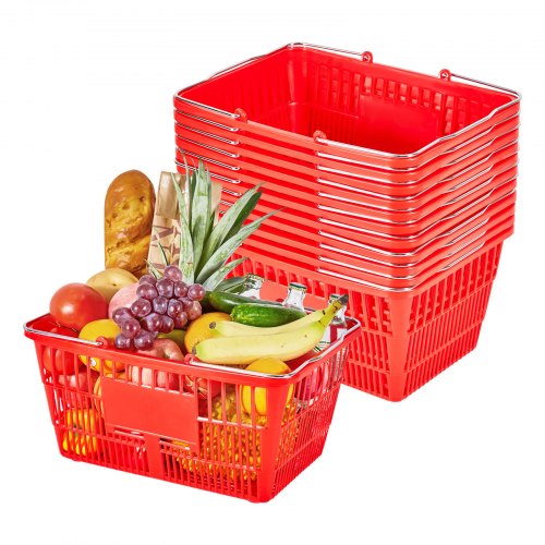 VEVOR handlekurver, 12 stk., 21 l stablebare PE-plastkurver med metallhåndtak, tett nettingstruktur, holder opptil 9,07 kg, bærbare for dagligvarer, detaljhandel, butikker, supermarked, hjemmebruk, rød