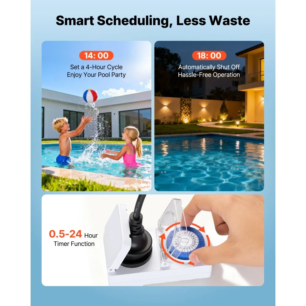 VEVOR Pool Pump, 1300W, 28,800 L/H Max Flow Single Speed Swimming Pool Pump, AC 220-240V, 2850 RPM, 17 m Max Head, with 24-Hour Timer & Filter Basket, for Above-Ground & In-Ground Pools, Hot Tubs, Spas