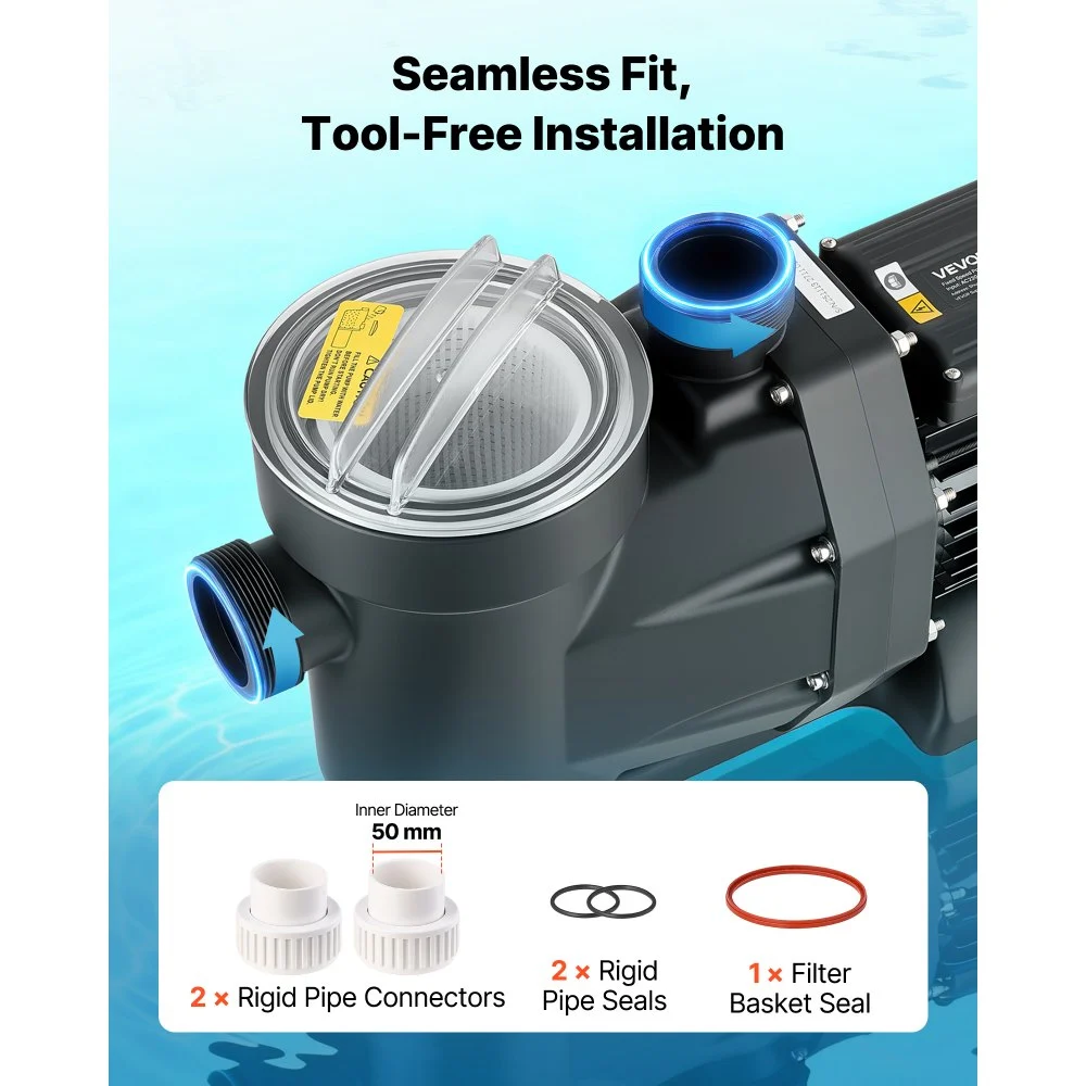 VEVOR Pool Pump, 1300W, 28,800 L/H Max Flow Single Speed Swimming Pool Pump, AC 220-240V, 2850 RPM, 17 m Max Head, with 24-Hour Timer & Filter Basket, for Above-Ground & In-Ground Pools, Hot Tubs, Spas