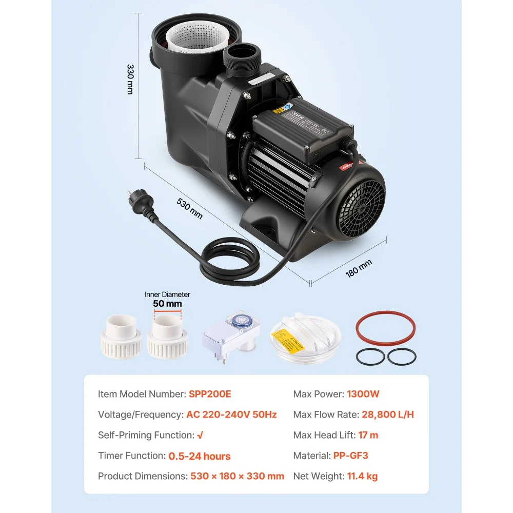 VEVOR Pool Pump, 1300W, 28,800 L/H Max Flow Single Speed Swimming Pool Pump, AC 220-240V, 2850 RPM, 17 m Max Head, with 24-Hour Timer & Filter Basket, for Above-Ground & In-Ground Pools, Hot Tubs, Spas