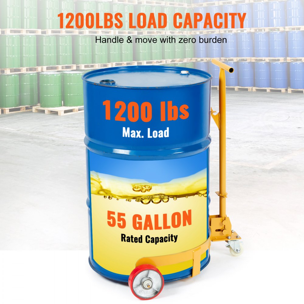 VEVOR 55 Gallon Drum Dolly, 1200 lbs lastekapasitet, Fat Dolly Cart Drum Caddy Rund Dolly Steel Lavprofil, kraftig stålramme med justerbart håndtak 3 hjul, for verkstedfabrikklager