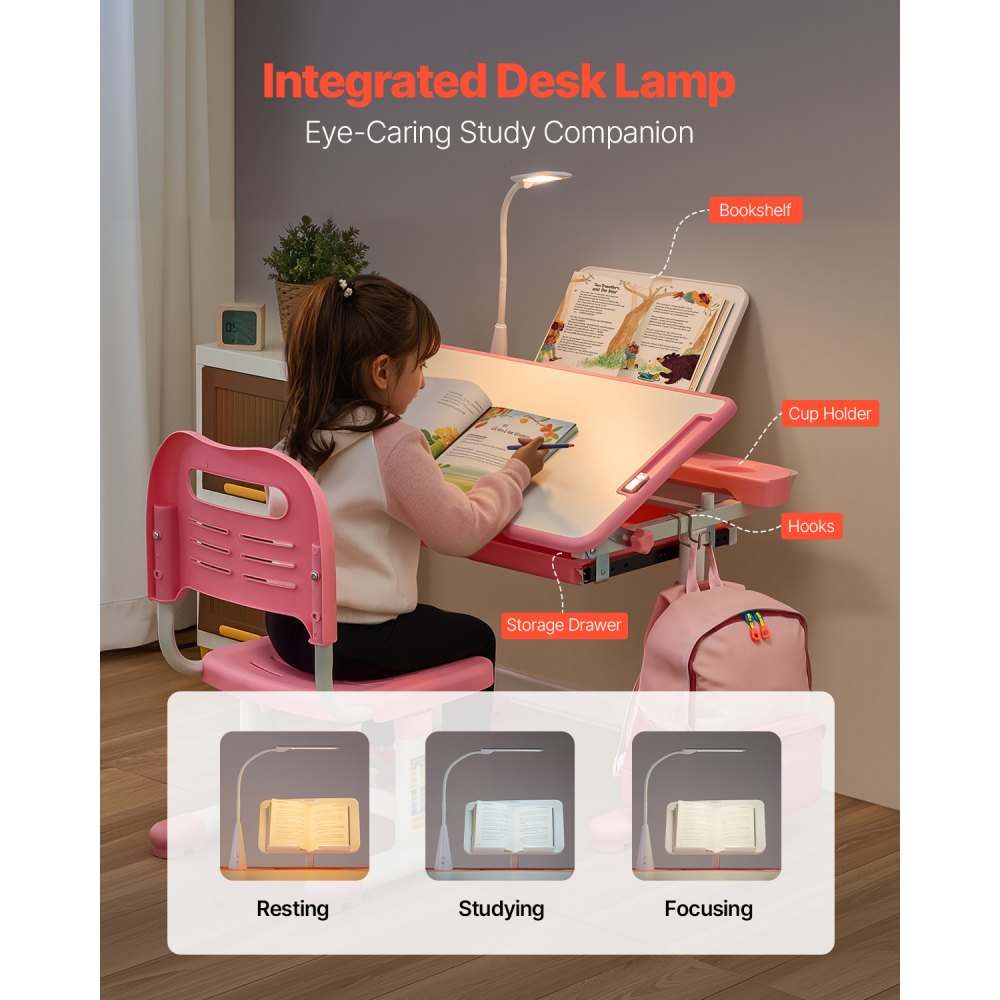 VEVOR Barnestudiestol og skrivebordssett, studiebord og stol for barn med bordlampe, justerbar høyde og 0-40° vippet skrivebord og stol for barn, barnestudiebord for soverom og studierom, rosa