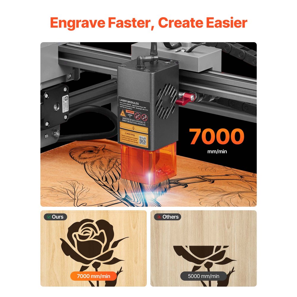 VEVOR lasergravør, 10W, lasergraverings- og skjæremaskin med kabinett, laserkuttergravør, 300 x 300 mm arbeidsområde, 7000 mm/min, for tre, lær, glass, visse metaller, klasse 1