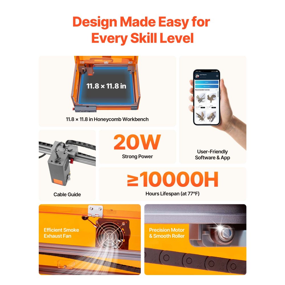 VEVOR lasergravør, 20W, lasergraverings- og skjæremaskin med kabinett, laserkuttergravør, 7000 mm/min, 300 x 300 mm arbeidsområde, for tre, lær, glass, visse metaller, klasse 1