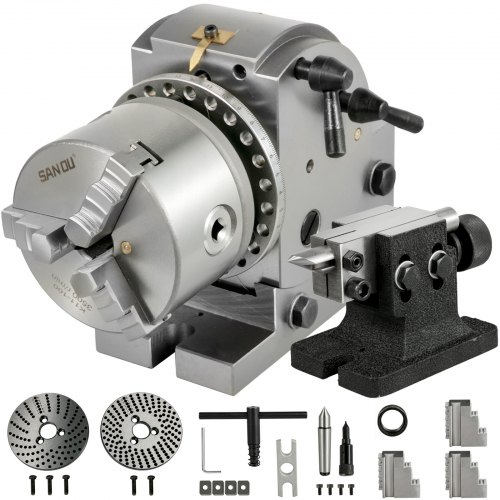 VEVOR Delehode 4-tommers indekseringshode Fresehode 100 mm semiuniverselt delehode 4-tommers 3-kjeve chuck Delehodesett med indeksplater og bakdokke for presisjonsrotasjonsbord