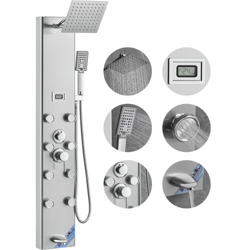 VEVOR dusjpanelsystem, 6 dusjmoduser, digitalt display, dusjpaneltårn, regnvann, 8 massasjedyser, badekartut, håndholdt dusjhode med 3 innstillinger, 59" slange, veggmontert dusjsett i rustfritt stål