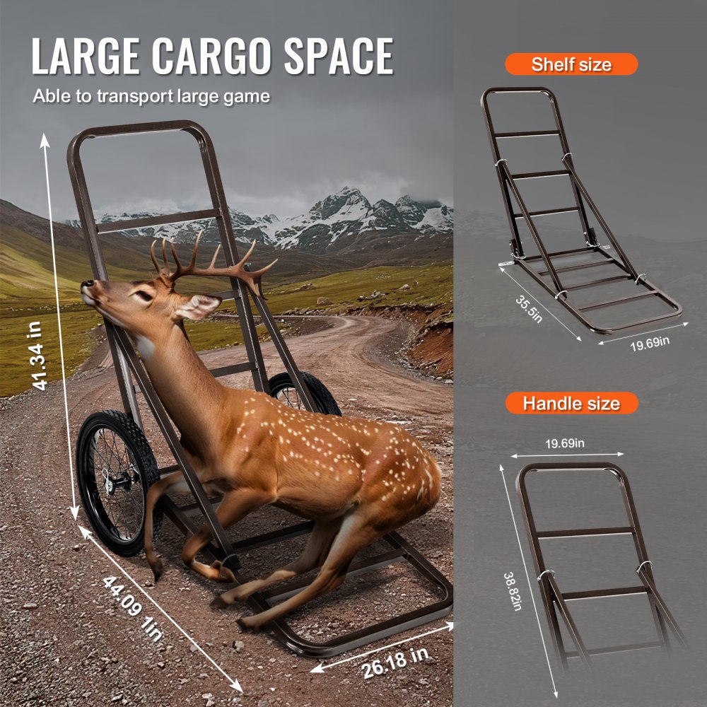 VEVOR Hjortevogn, sammenleggbar viltvogn med kapasitet på 300 kg, hjortevogn med store gummihjul og ergonomisk håndtak, kraftig viltvogntilbehør, verktøytralle for jakt, fiske, fotturer