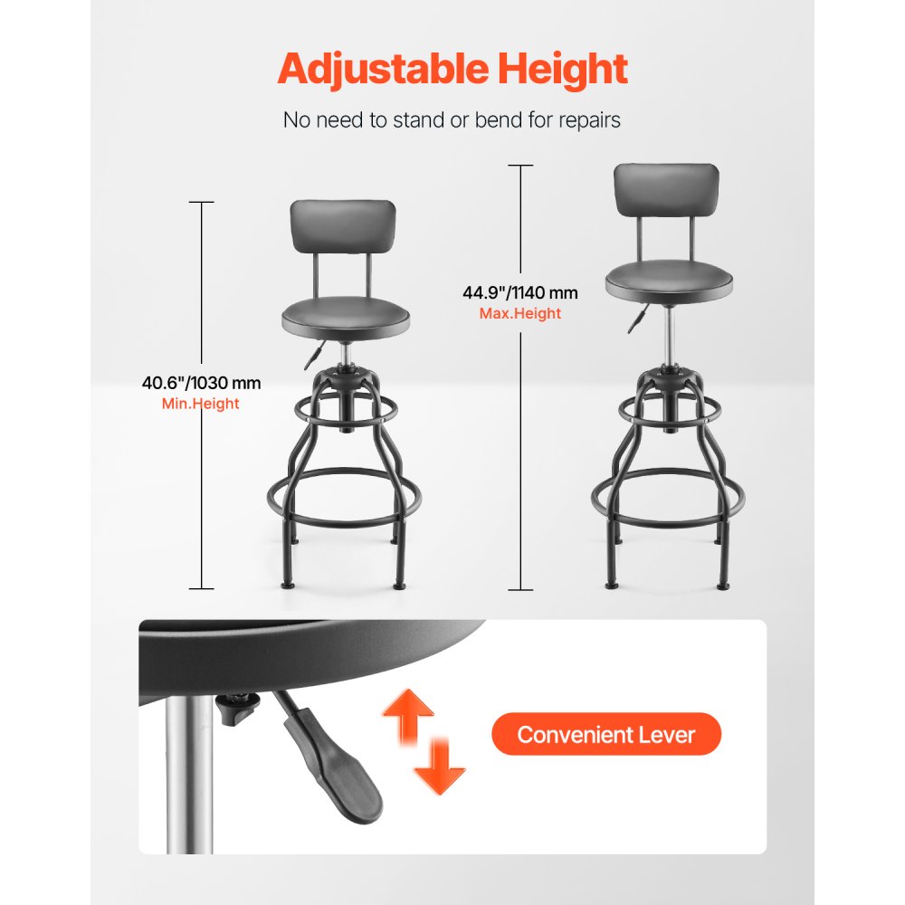 VEVOR Shop Stool with Backrest, Pneumatic Garage Seat/Work Stool with 300 lbs Capacity, Adjustable Height Roller Creeper Seat, 360° Swivel Padded Workshop Stool, for Garage, Shop & Auto Repair, Black