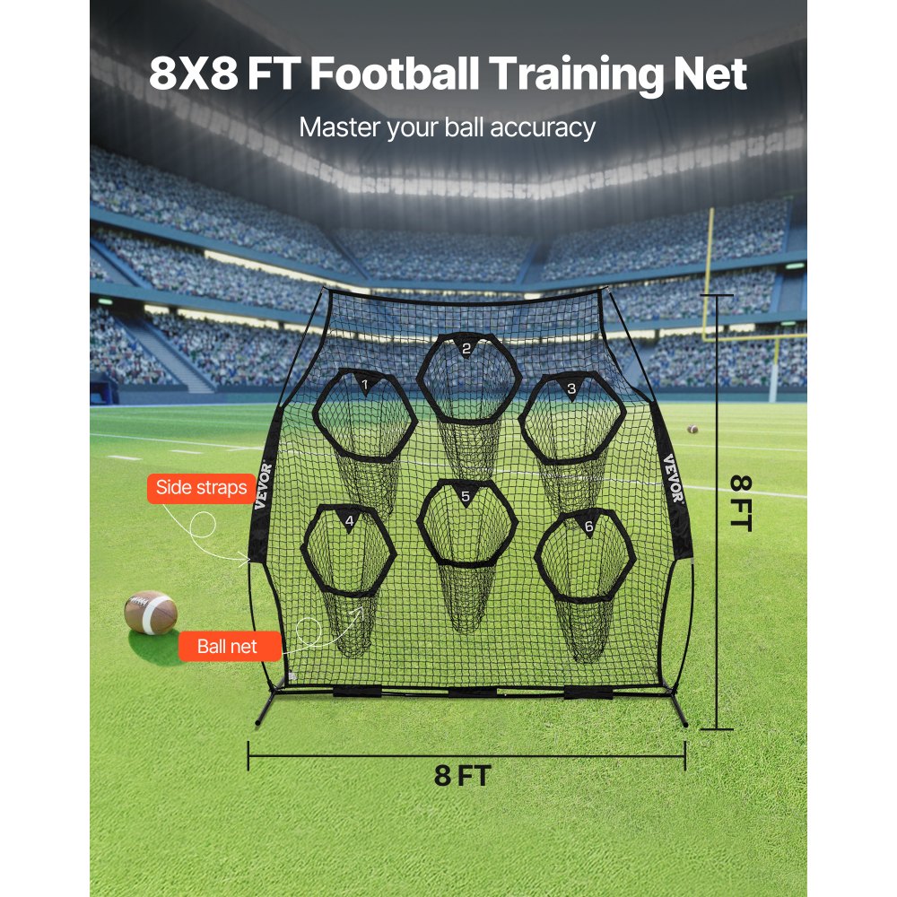 VEVOR 2438,4x2438,4 mm fotballtreningskastnett, treningsnett for kastemål med 6 mållommer, knuteløst nett inkluderer stropper og bærbar bæreveske, forbedrer quarterback-kastnøyaktigheten