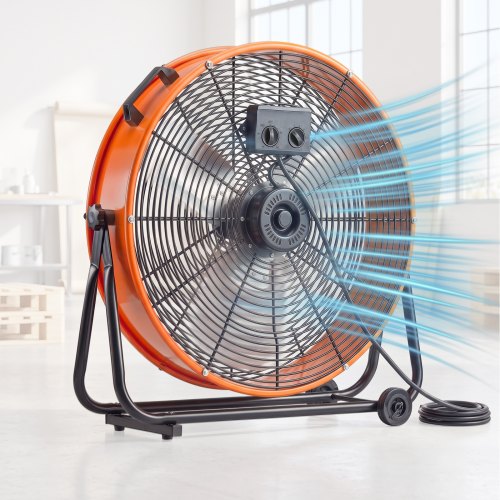 VEVOR trommelvifte, 24 tommers høyhastighets industriell verkstedvifte, kraftig kommersiell bruk 3-trinns 8600CFM, 360° justerbar tilting, 0-2t timer industriell gulvvifte for lager, verksted, fabrikk, kjeller