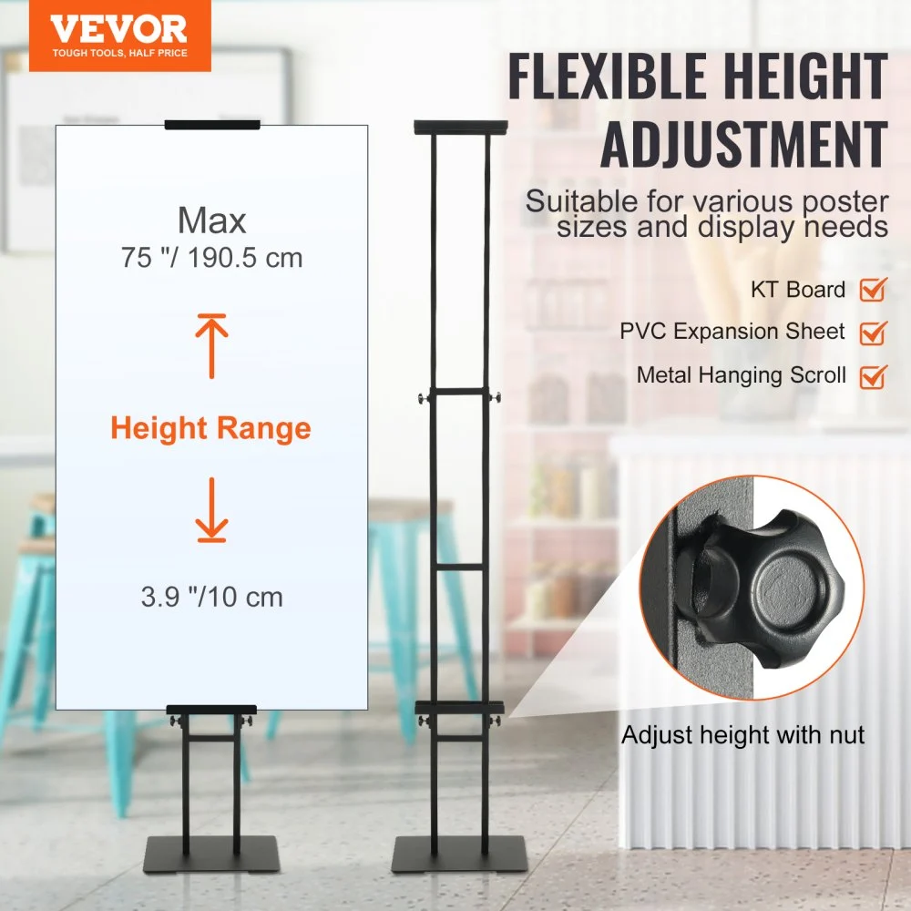 VEVOR Poster Stand, Adjustable Height Up to 1905 mm, Double-Sided Heavy Duty Pedestal Sign Holder, Floor Standing Sign Holder Banner Stand with Shock-absorbing Base for Display, for Board and Foam, Black