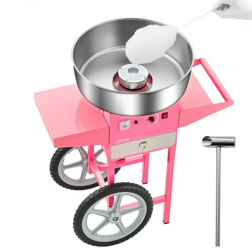 VEVOR elektrisk sukkerspinnsmaskin med vogn, 1000W kommersiell sukkerspinnsmaskin med 52 cm bolle i rustfritt stål, sukkerskje og skuff, enkel å bruke, for hjemmet, barnebursdager, familiefester, rosa