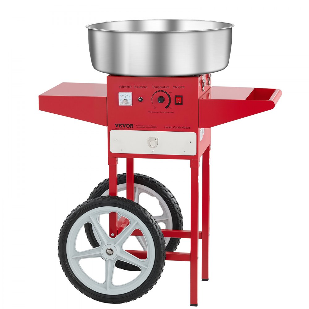VEVOR elektrisk sukkerspinnsmaskin med vogn, 1000W kommersiell sukkerspinnsmaskin med 52 cm skål i rustfritt stål, sukkerskje og skuff, enkel å bruke, for hjemmet, barnebursdager, familiefester, rød