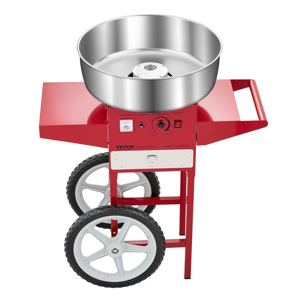 VEVOR elektrisk sukkerspinnsmaskin med vogn, 1000W kommersiell sukkerspinnsmaskin med 52 cm skål i rustfritt stål, sukkerskje og skuff, enkel å bruke, for hjemmet, barnebursdager, familiefester, rød