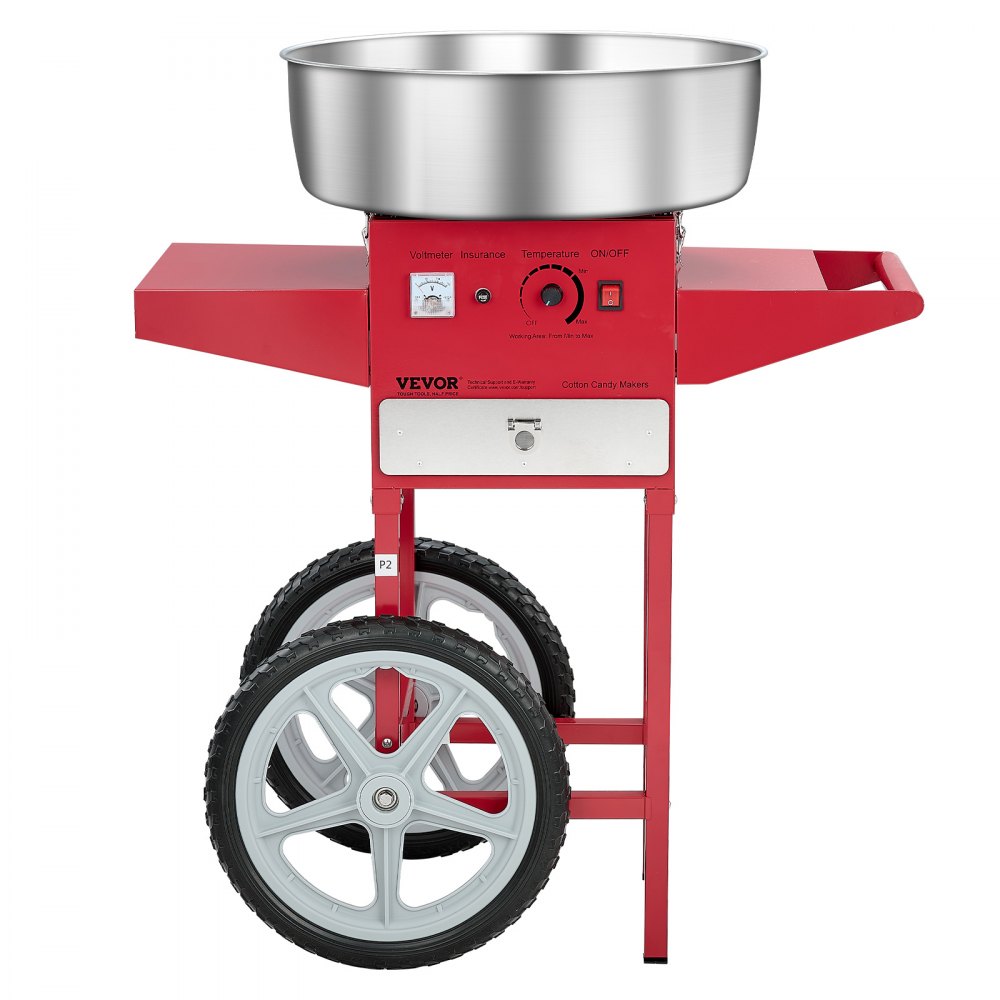 VEVOR elektrisk sukkerspinnsmaskin med vogn, 1000W kommersiell sukkerspinnsmaskin med 52 cm skål i rustfritt stål, sukkerskje og skuff, enkel å bruke, for hjemmet, barnebursdager, familiefester, rød