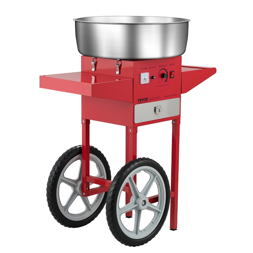 VEVOR elektrisk sukkerspinnsmaskin med vogn, 1000W kommersiell sukkerspinnsmaskin med 52 cm skål i rustfritt stål, sukkerskje og skuff, enkel å bruke, for hjemmet, barnebursdager, familiefester, rød