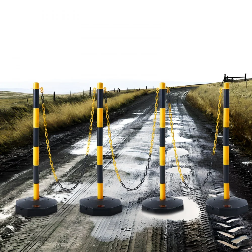 VEVOR justerbare trafikkavgrensningskjegler, 4-pakning, trafikksikkerhetsavgrensning med fyllbar base 8FT kjetting, for trafikkontroll, advarsel, parkeringsplass, bygging, forsiktighetsveier, gul og svart
