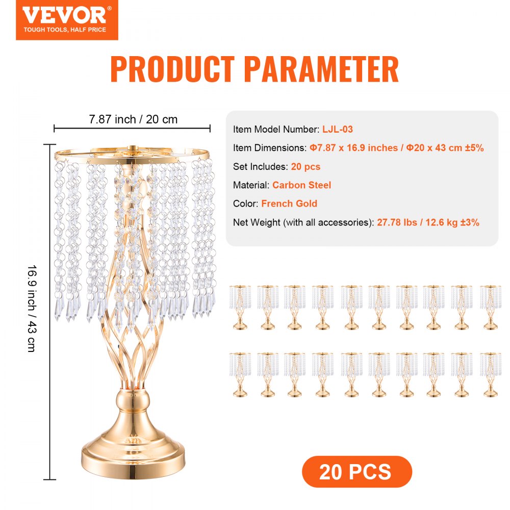 VEVOR 20 stk. 43 cm/16,9 tommer høy krystallblomsterstativ til bryllup, metallvase til bryllupssenter, gullblomsterholdere til blomsterutstilling, til bord, bryllupsmiddag, seremoni, bursdagsarrangementdekor