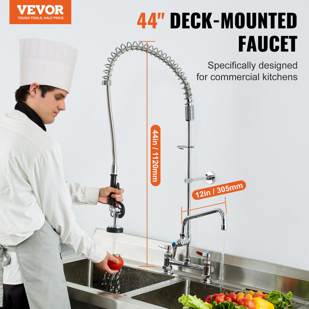 VEVOR kommersiell kran med forvaskspray, 112 cm høyde, 20 cm senter, 30 cm svingtut, kjøkkenkran for bunnmontering, messingkonstruksjon med nedtrekkbar spray, for 1/2/3-roms vask