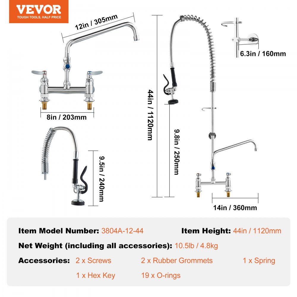 VEVOR kommersiell kran med forvaskspray, 112 cm høyde, 20 cm senter, 30 cm svingtut, kjøkkenkran for bunnmontering, messingkonstruksjon med nedtrekkbar spray, for 1/2/3-roms vask