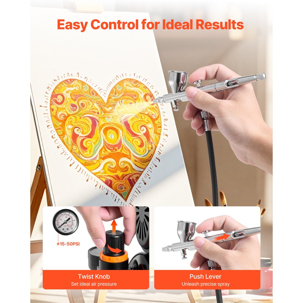 VEVOR Airbrush-sett, 1/6 hk, luftbørstesett med luftkompressor og tank, 1 profesjonell airbrush med dobbel virkning og 1 dyse, slange, akrylmaling, 2 vifter, for kakedekorering, modellmaling, neglekunst