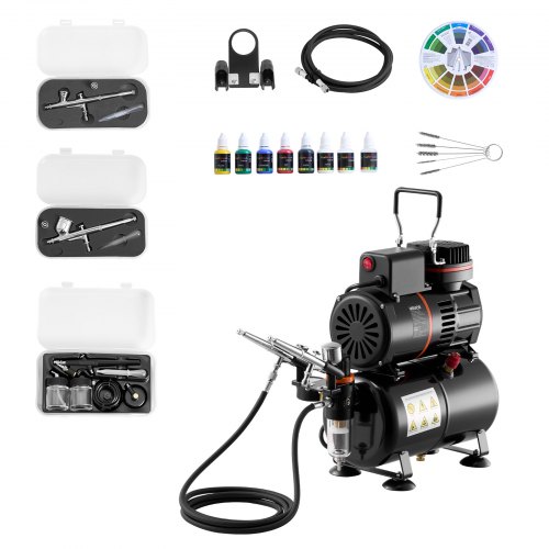 VEVOR Airbrush-sett, 1/6 hk, luftbørstesett med luftkompressor og tank, 3 profesjonelle airbrushes med dobbeltvirkende effekt og 3 tupper, slange, akrylmaling, 2 vifter, for kakedekorering, modellmaling, neglekunst