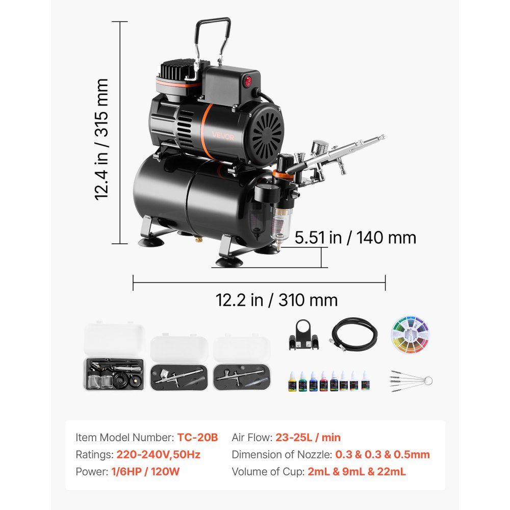 VEVOR Airbrush-sett, 1/6 hk, luftbørstesett med luftkompressor og tank, 3 profesjonelle airbrushes med dobbeltvirkende effekt og 3 tupper, slange, akrylmaling, 2 vifter, for kakedekorering, modellmaling, neglekunst
