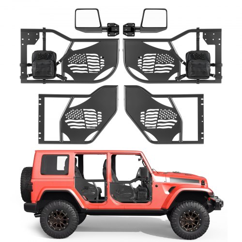 VEVOR Jeep rørdører, 4-dørs, passer til 2018-2026 Jeep Wrangler JL og 2020-2026 Gladiator JT, flaggmønster offroad foran og bak rørformede halvdører med DOT-sertifiserte sidespeil og oppbevaringspose