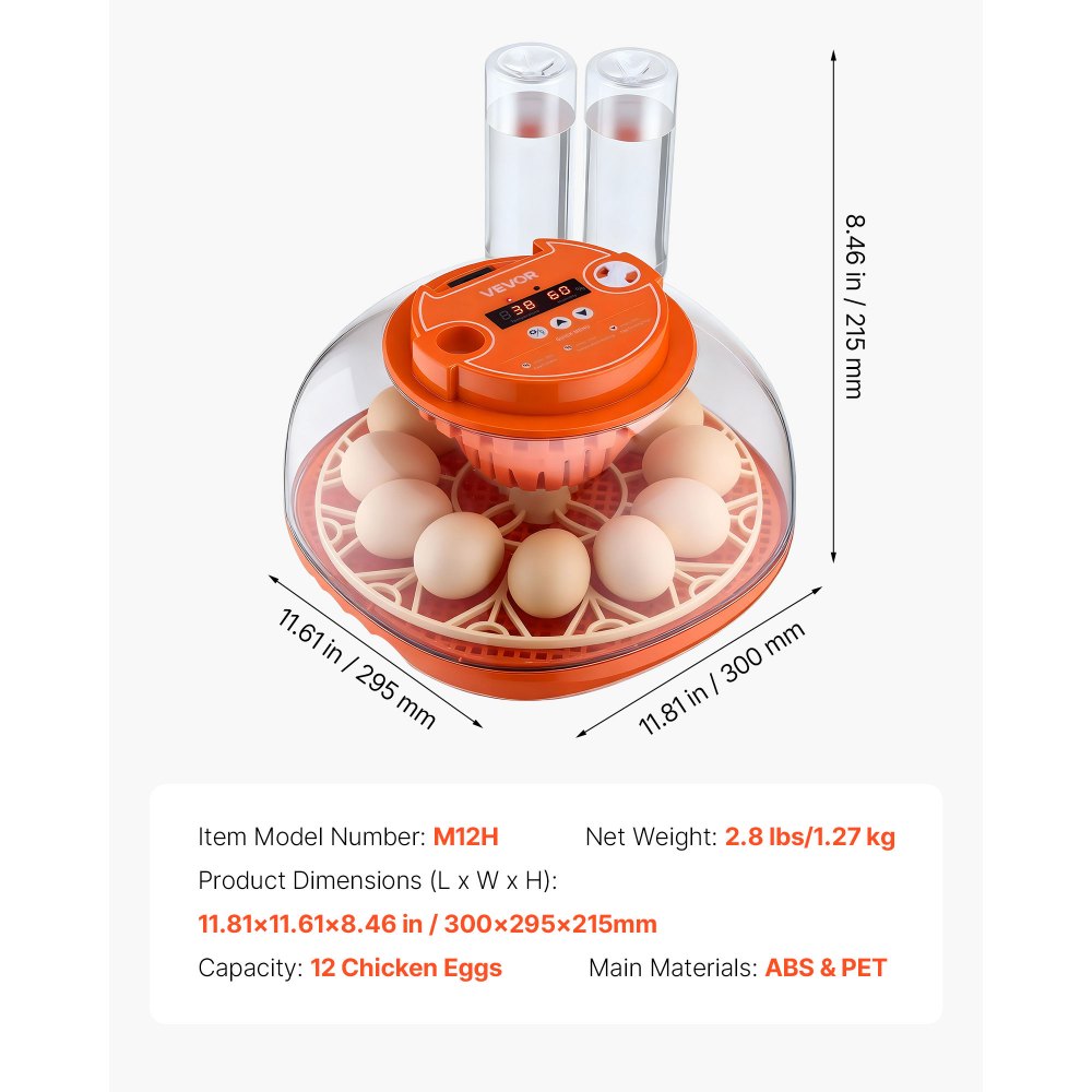 VEVOR 12 egginkubator, automatisk eggvender med LED-lys, temperatur- og fuktighetskontroll, 360° visningsvindu, fjørfeegginkubator for hjemmegård, klekking av kyllinger, ender, gås, vaktel