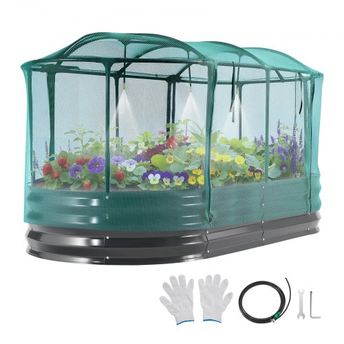 VEVOR Galvanisert hevet hagebed, 1800 x 900 x 300 mm, med selvvanningssystem og nettingdeksel, oval metallplantekasse utendørs, rustfri alu-sink, for planting av blomster, frukt og grønnsaker, mørkegrå