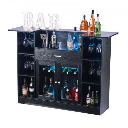 VEVOR Home Bar Unit, Vinbarskapbord 4-etasjers med oppbevaringsskuffer, vinglassholder, flaskehylle, LED-lys, spritskap i tre og metall for hjem, kjeller, kjøkken, stue, svart